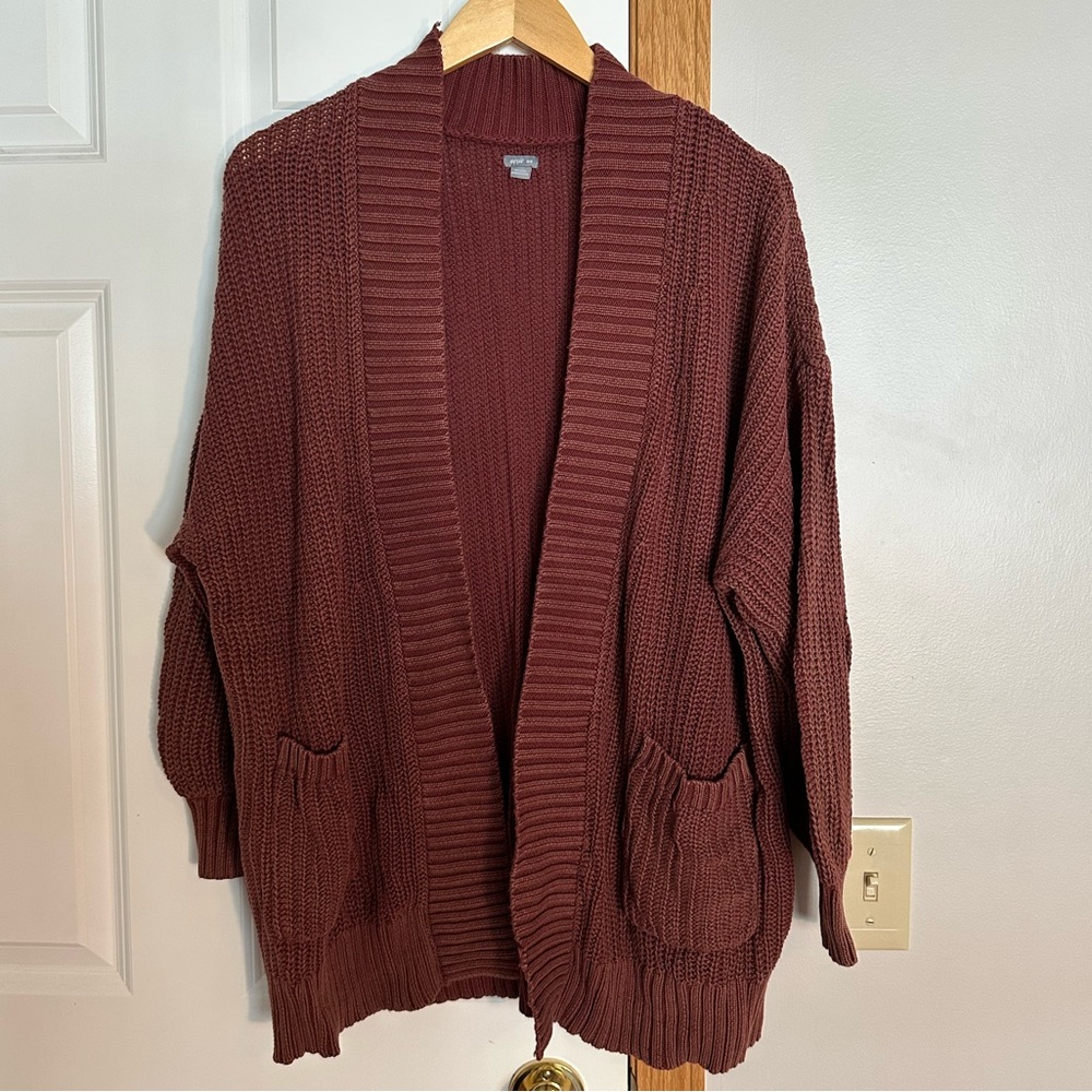 AE Open-Front Maroon Knit Cardigan Sweater